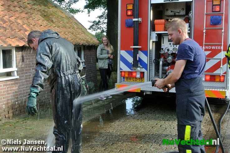 Brandweer bevrijdt koe uit benarde positie Vossersteeg - Foto: Niels Jansen