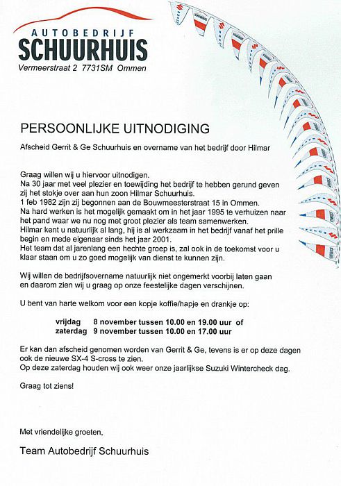 Uitnodiging afscheid en bedrijfsovername Schuurhuis - Foto: Eigen foto